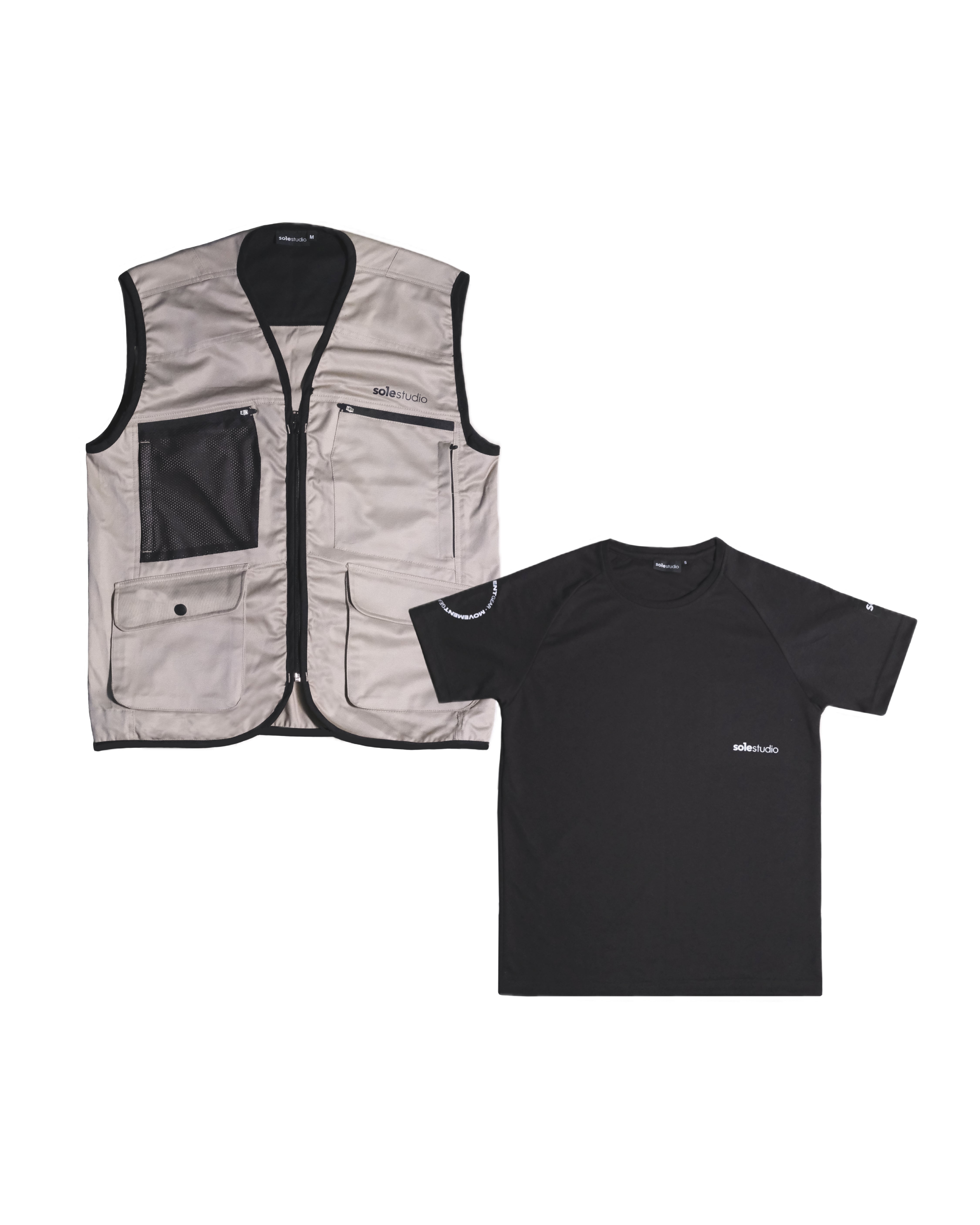 Explorer Kit — Tee and Vest flatlay, SoleStudio hands-free bundle