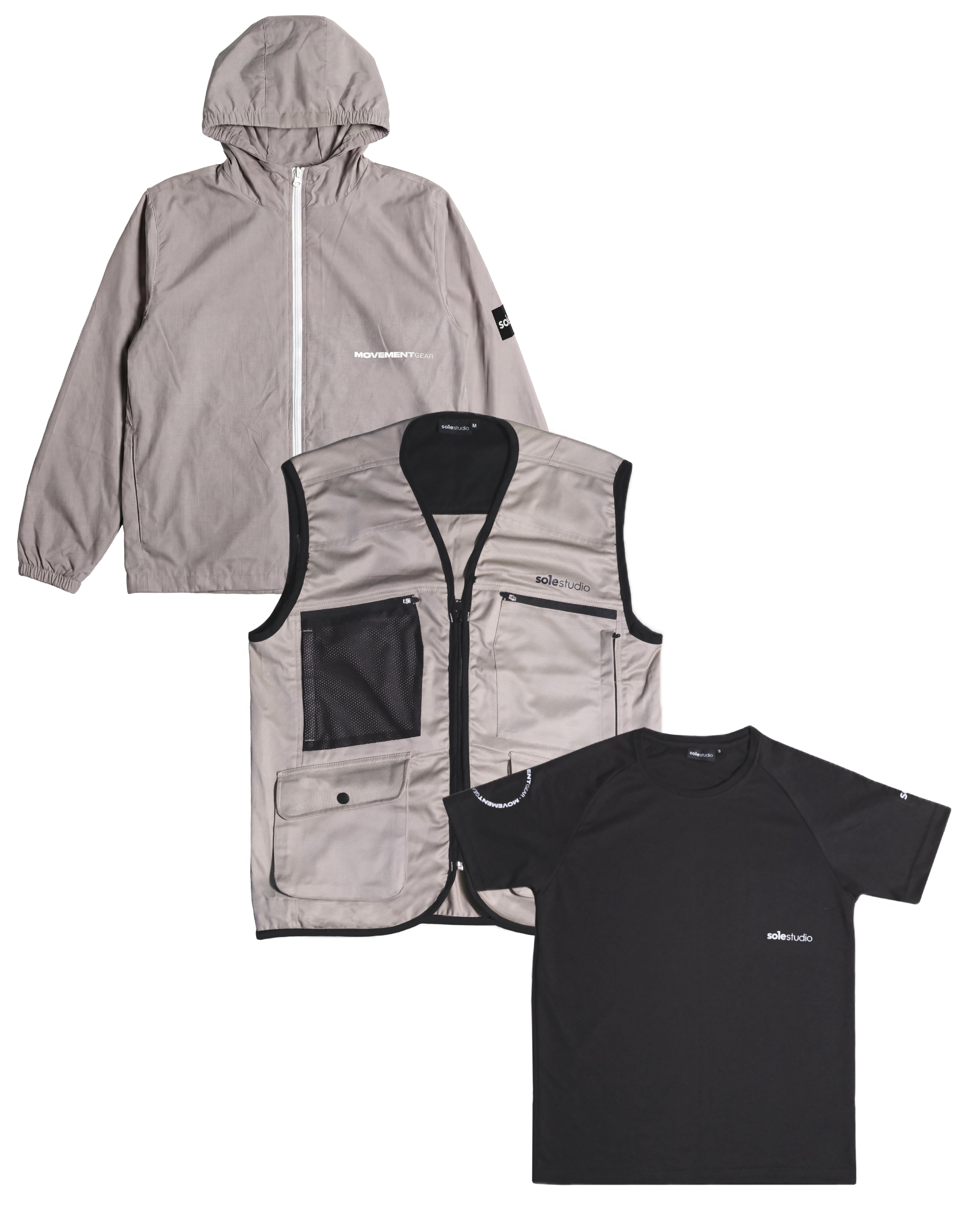 Drop 01 — Tee, Shell and Vest flatlay, SoleStudio complete three-piece kit